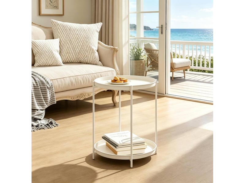  Table d'appoint 44x44x53 cm, 2 plateaux mobiles, table de salon, table appoint salon, pour intérieur, en métal, blanc  - Conforama D