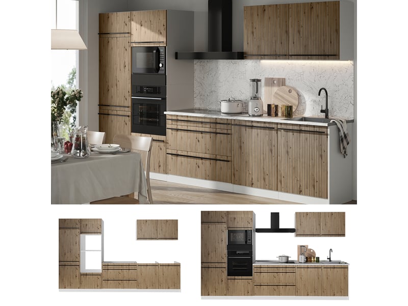 Vicco cuisine, chêne artisanblanc, 340cm plan de travail chêne doré - Conforama D
