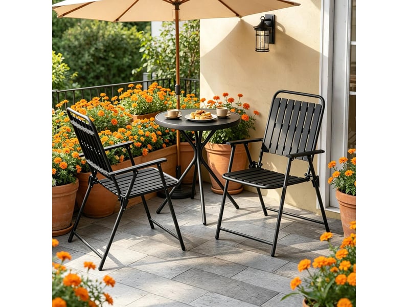 Salon de jardin pliant 3 pièces ø50x70 cm – noir – table en verre, 2 fauteuils pliants avec accoudoirs - Conforama B