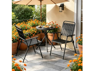 Salon de jardin pliant 3 pièces ø50x70 cm – noir – table en verre, 2 fauteuils pliants avec accoudoirs