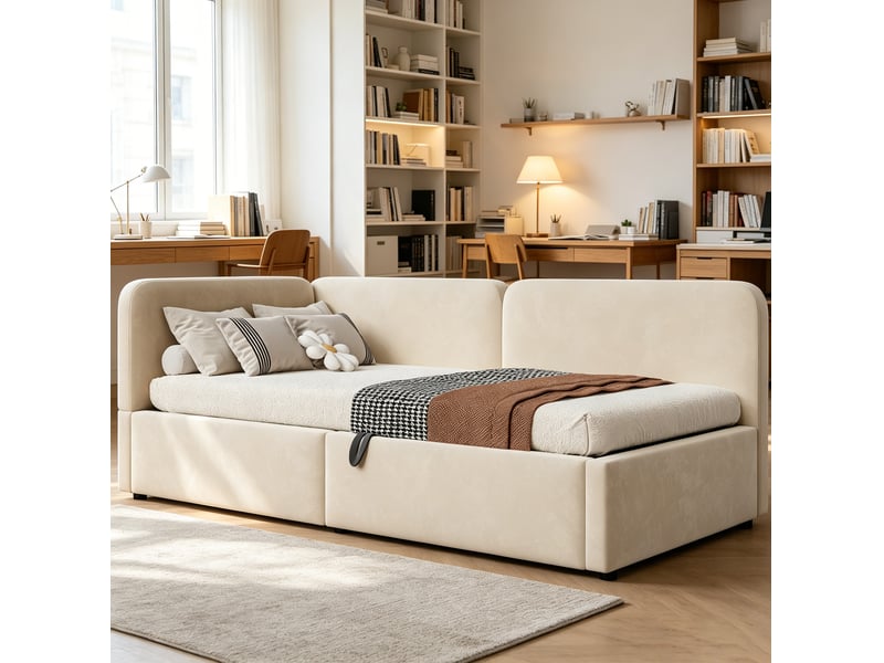 Lit coffre 90x200 cm en velours beige avec rangement hydraulique - Conforama E