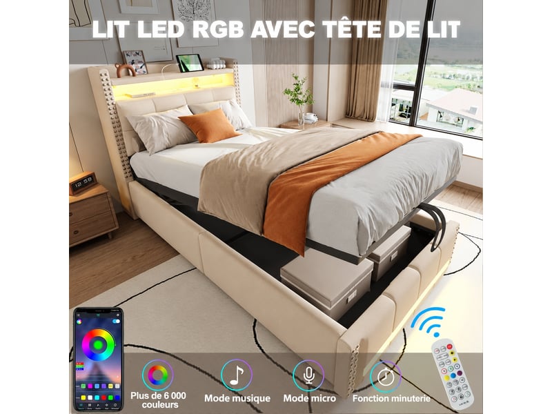  Lit coffre enfant 90x200 cm à relevage hydraulique - led multicolores, usb et tissu de lin beige  - Conforama E