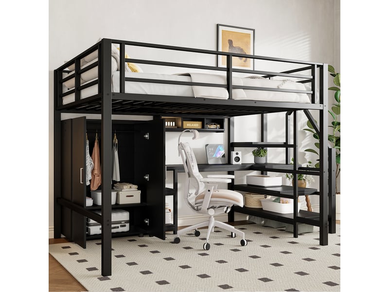  Lit mezzanine noir 140x200 cm avec bureau, armoire, étagères et échelle rangement  - Conforama B