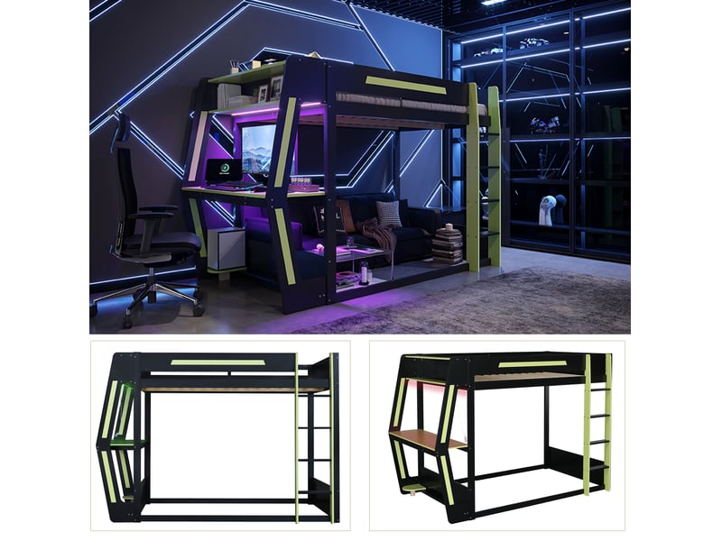  Lit mezzanine 120x200 cm avec bureau et led noir et vert  - Conforama E