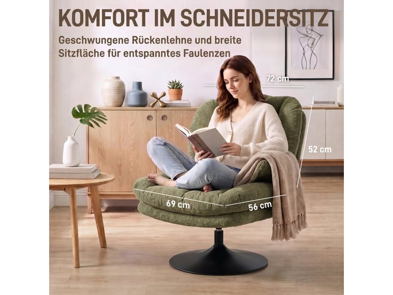 Fauteuil pivotant avec pouf réglable en hauteur, dossier enveloppant et assise rembourrée en velours polyester vert - Conforama E