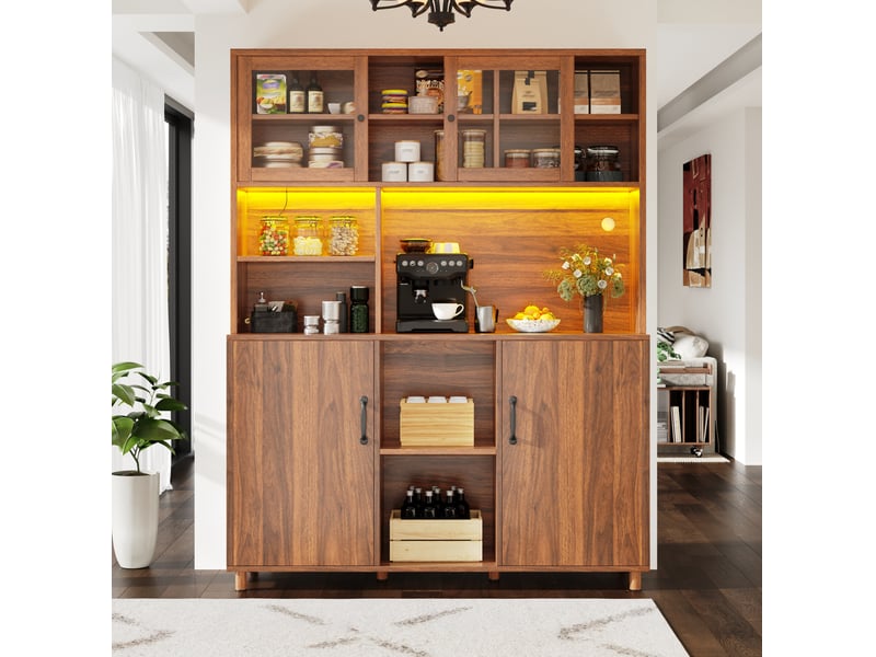  Buffet haut 140 x 40 x 185 cm noyer, mdf et verre, rangement avec led pour cuisine, salon ou salle à manger  - Conforama B