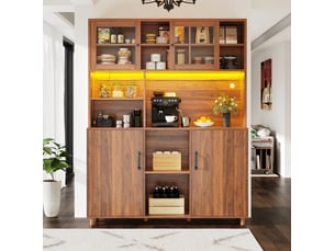 Buffet haut 140 x 40 x 185 cm noyer, mdf et verre, rangement avec led pour cuisine, salon ou salle à manger
