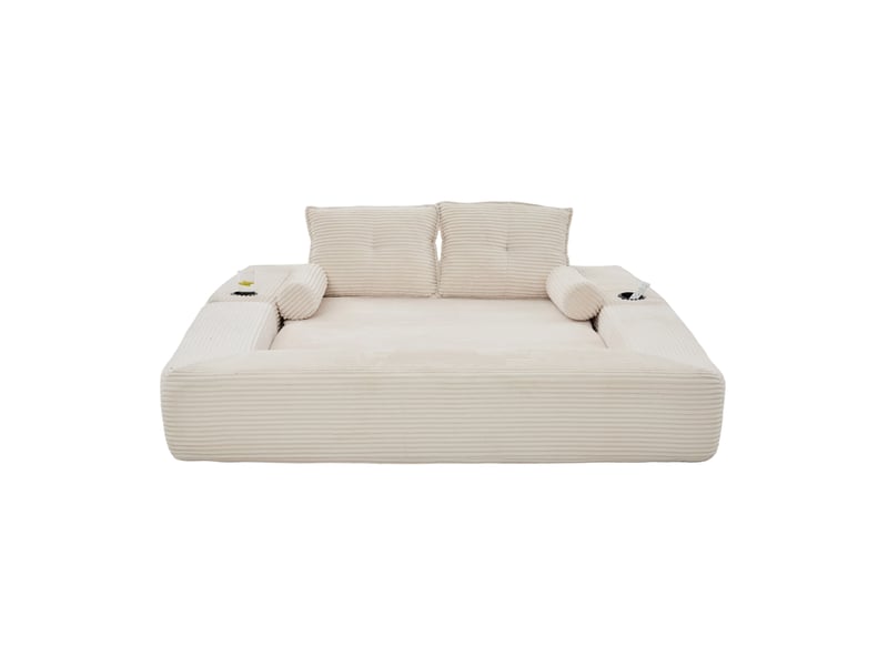 Canapé convertible 2 places pliable avec poches latérales, porte-gobelets et coussins en velours côtelé beige - Conforama A