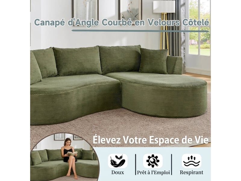 Canapé 3 places d'angle droit vert - design incurvé en velours côtelé doux avec porte-gobelet - Conforama E