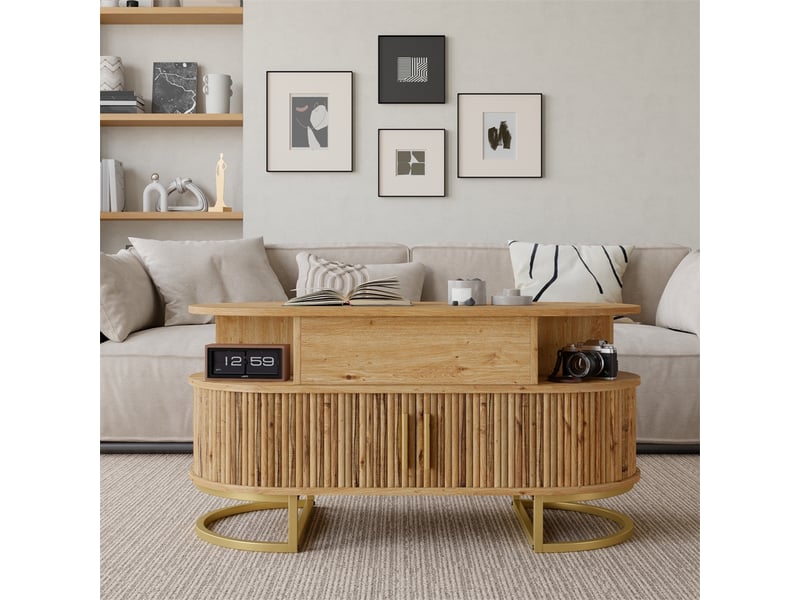  Table basse ovale relevable – 100 x 50 x 49.5 cm – plateau relevable &amp; portes coulissantes – mdf - naturel  - Conforama E