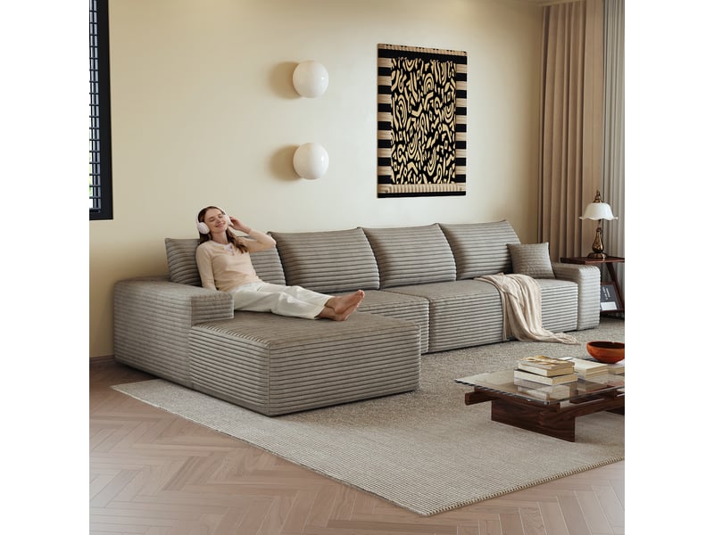 Canapé d'angle modulable 340 cm 4 places velours côtelé avec méridienne en l camel - aucun assemblage requis - Conforama R