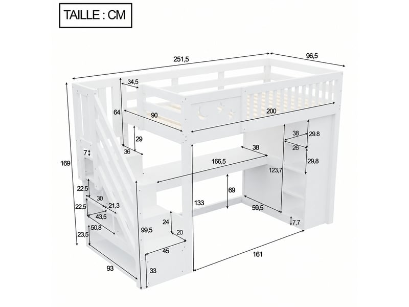  Lit mezzanine 90 x 200 cm avec bureau, rangement, éclairage led et armoire ouverte, blanc  - Conforama C