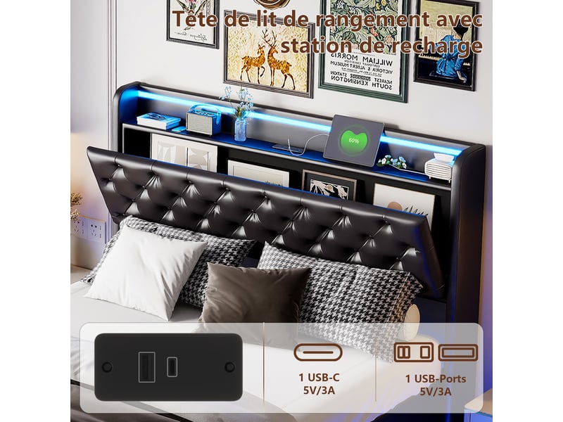 Lit coffre 160x200cm - lit double 160x200 - rembourré simili cuir avec éclairage led rgb, usbtype-c & tête capitonnée - noir - Conforama D