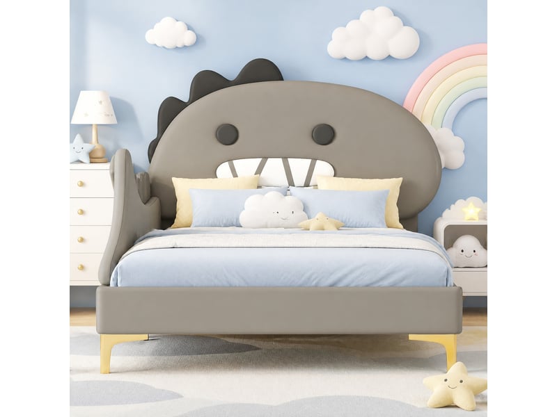  Lit enfant 90x200 cm en pu et mdf, lit simple avec tête dinosaure et entretien facile, gris, matelas non précisé  - Conforama B