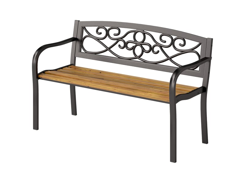  Banc de jardin 2 places avec dossier en fer forgé et accoudoirs incurvés, design élégant, 127 x 56 x 80 cm, noir et bois  - Conforama B