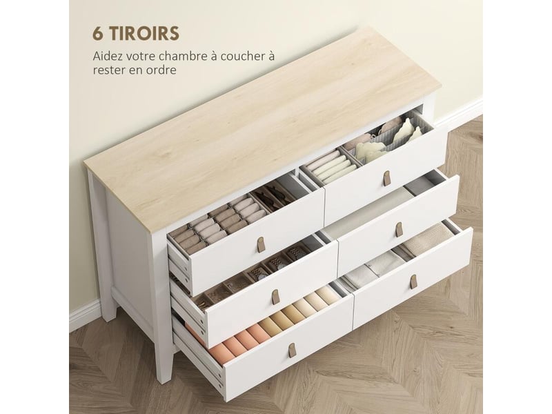  Commode 6 tiroirs meuble de rangement style contemporain avec poignées en polyuréthane, 120 x 40 x 78 cm, blanc  - Conforama D