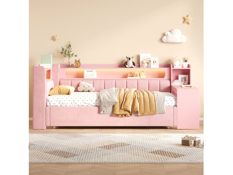  Lit jeune, lit gigogne 90x200180x200, avec bureau, led et usb en mdf, coloris rose  - Conforama B