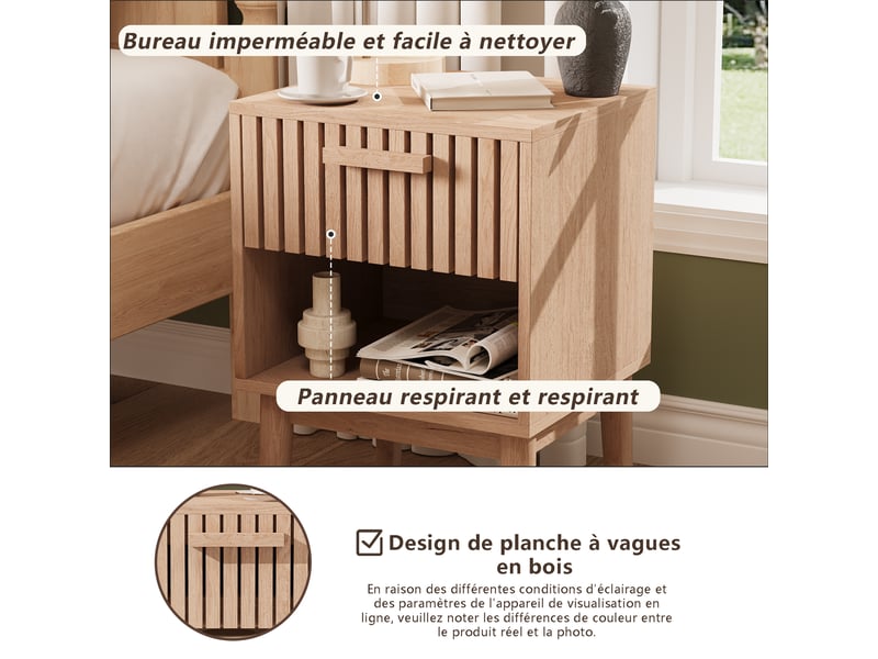  Lot de 2 table de chevet ,table à chevet avec tiroir et compartiment ouvert , bois massif ,motif à rayures,40 x 35 x 55 cm  - Conforama E