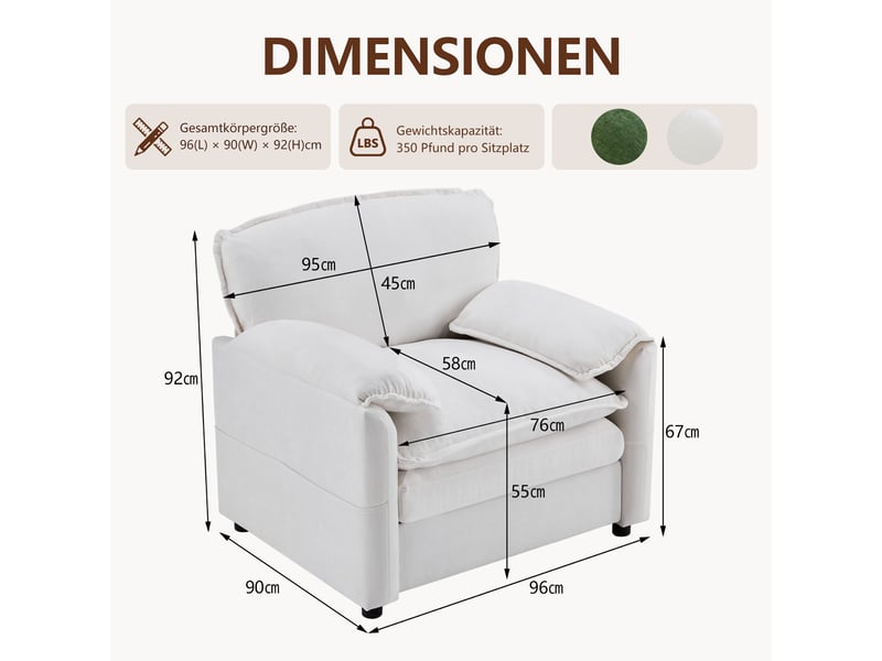  Fauteuil rétro avec poches de rangement latérales, assise profonde et confort moelleux, en chenille blanc  - Conforama D