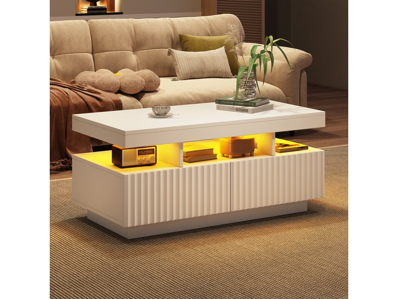  Table basse blanche 100x50x45 cm avec led, table de salon avec led, 2 tiroirs à rayures verticales, design minimaliste  - Conforama D