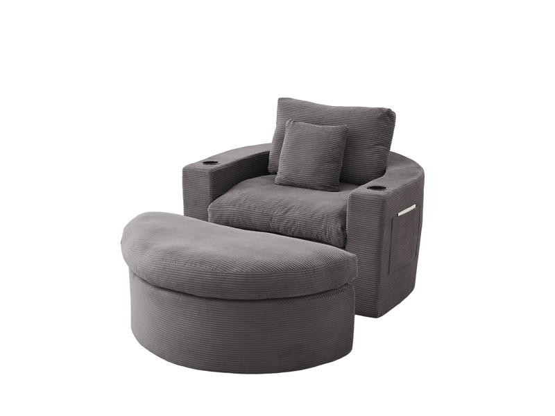 Fauteuil lounge 1 place avec repose-pieds – gris – velours côtelé, rangement latéral et porte-gobelets - Conforama A