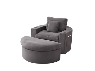 Fauteuil lounge 1 place avec repose-pieds – gris – velours côtelé, rangement latéral et porte-gobelets