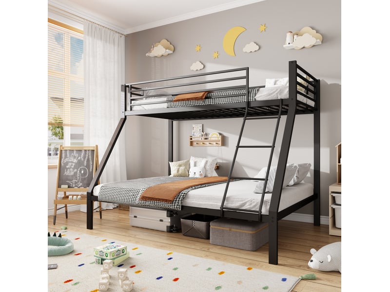  Lit superposé 90x200 cm et 140x200 cm protection contre les chutes métal couleur noir sans matelas, design industriel  - Conforama D