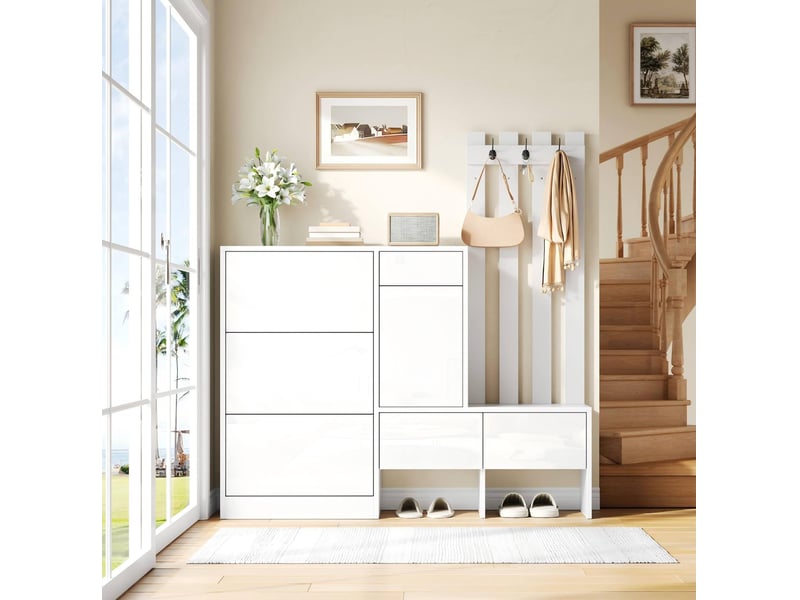 Vestiaire d'entrée 7-en-1 avec meuble à chaussures 160x35x160 cm blanc mdf - Conforama W