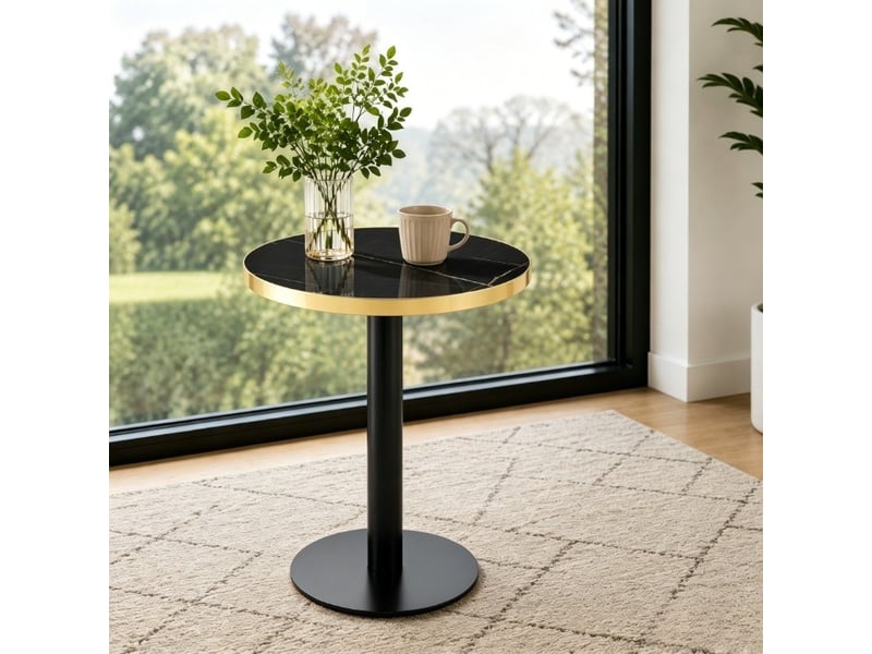  Table d’appoint ronde moderne, plateau effet marbre bord doré, structure en métal noirdoré  - Conforama B