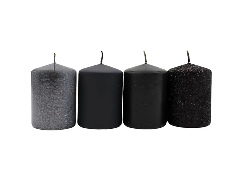  Lot de 4 bougies piliers, pour couronne de l'avent, bougies de table, noires, paillettes noires, 5 x 5 x 7 cm.  - Conforama A
