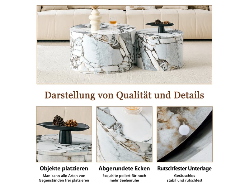 Lot de 2 tables basses gigognes rondes, avec rangement intégré, ø 62,844 cm, h 3529 cm, effet marbre blanc et gris, rangement intérieur, pour salon Luxe haut de gamme - Conforama E