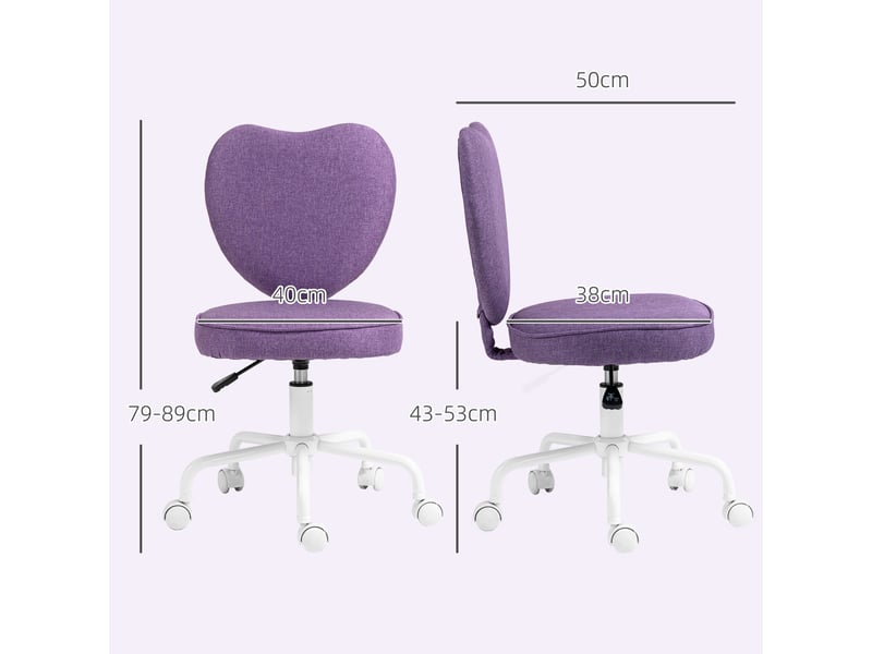  Chaise de bureau en forme de cœur avec 5 roulettes et hauteur réglable, en tissu, 40 x 50 x 79-89 cm, violet  - Conforama E