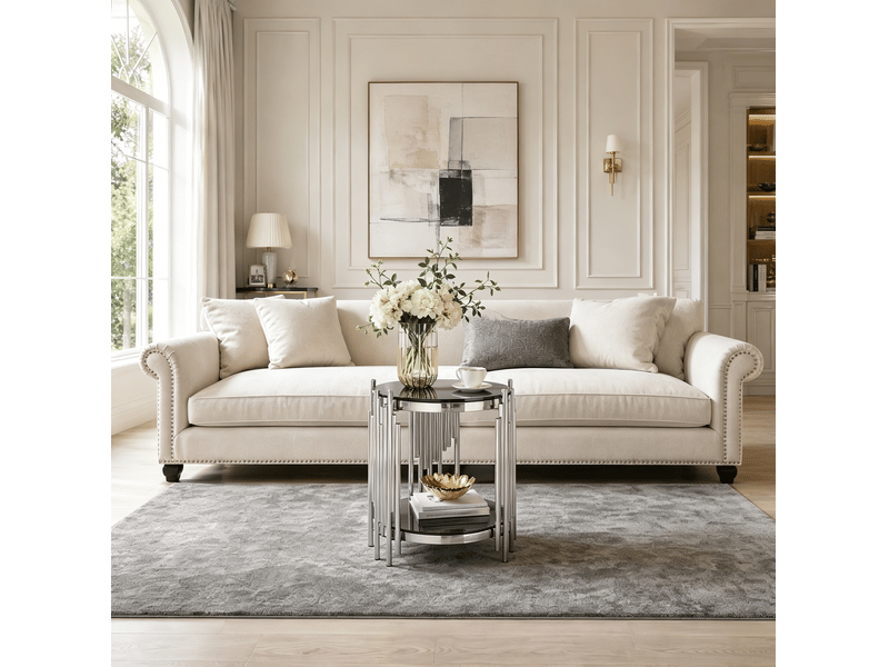  Table d'appoint ronde, 2 niveaux, table de salon, usage quotidien, en verre trempé et acier inoxydable, noir et argenté  - Conforama E