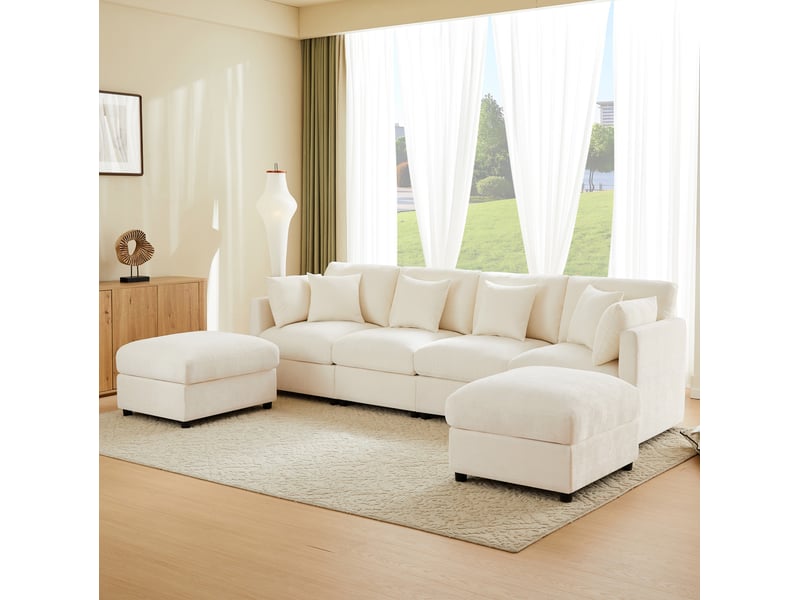  Canapé d’angle modulaire convertible en chenille beige avec 2 poufs - 284 x 156,5 x 86 cm  - Conforama D