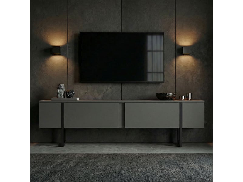  Support tv mobile moderne avec portes onera et pieds noirs - anthracite  - Conforama D