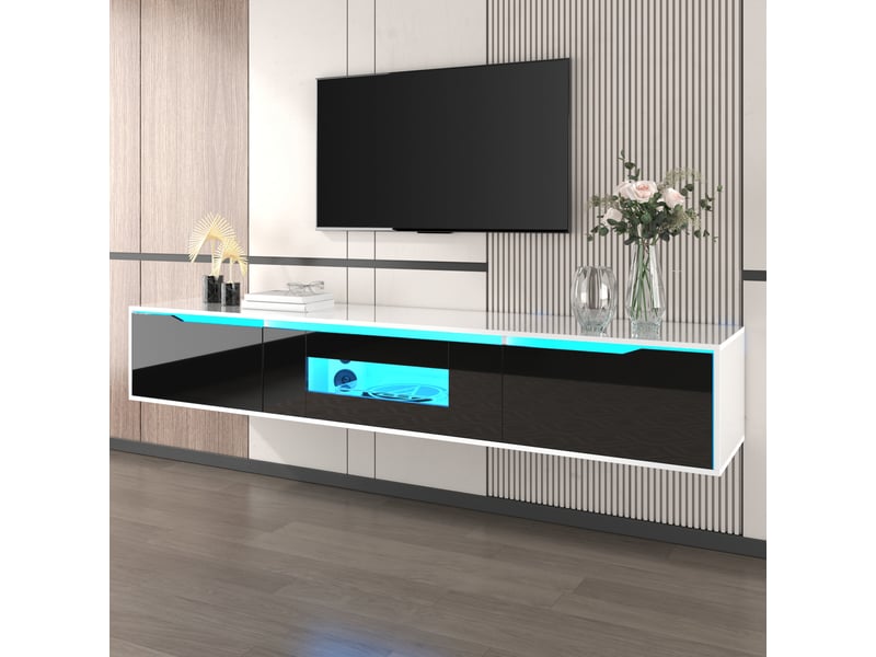 Meuble tv 180 x 35 x 30 cm, avec éclairage led, 3 compartiments à abattants et ouverture centrale, en panneaux de particules, blanc et noir brillant Luxe haut de gamme - Conforama D