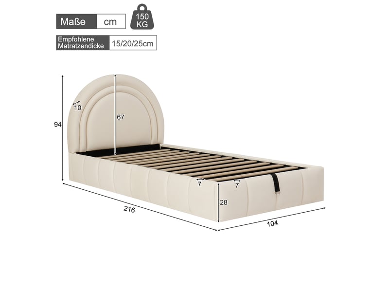  Lit coffre enfant simple 90×200 cm, rangement et tête rembourrée - okmyhome- en velours beige, sans matelas  - Conforama D