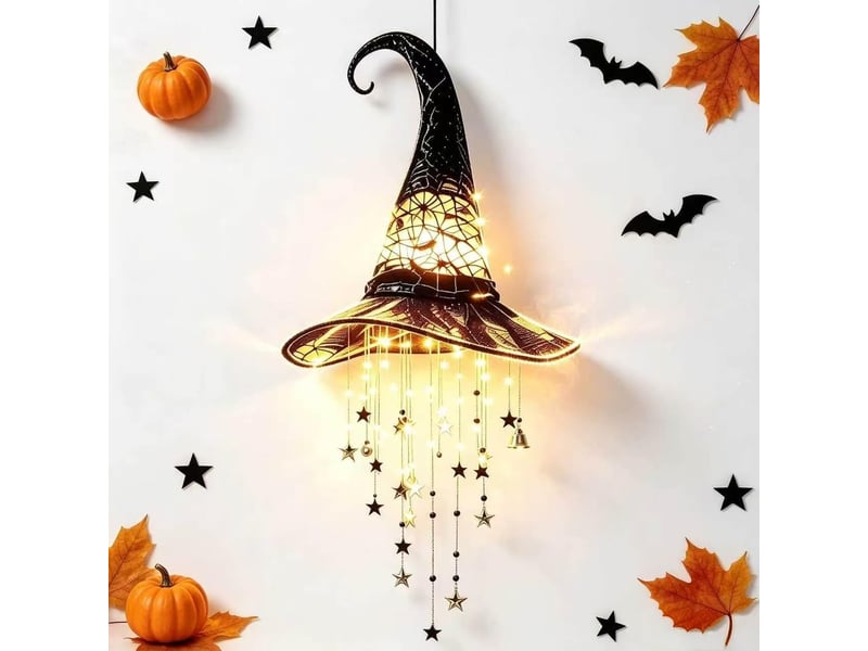 Lot de 1 décoration halloween lumineuse, chapeau de sorcière avec étoiles led, suspension décorative pour porche, entrée et jardin - Conforama A