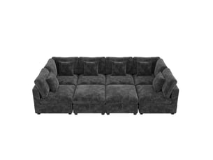 Canapé d'angle xxl modulable 8 places , 292 x 220 x 81 cm avec fonction lit intégrée, 2 poufs de rangement , 6 coussins , tissu chenille – gris