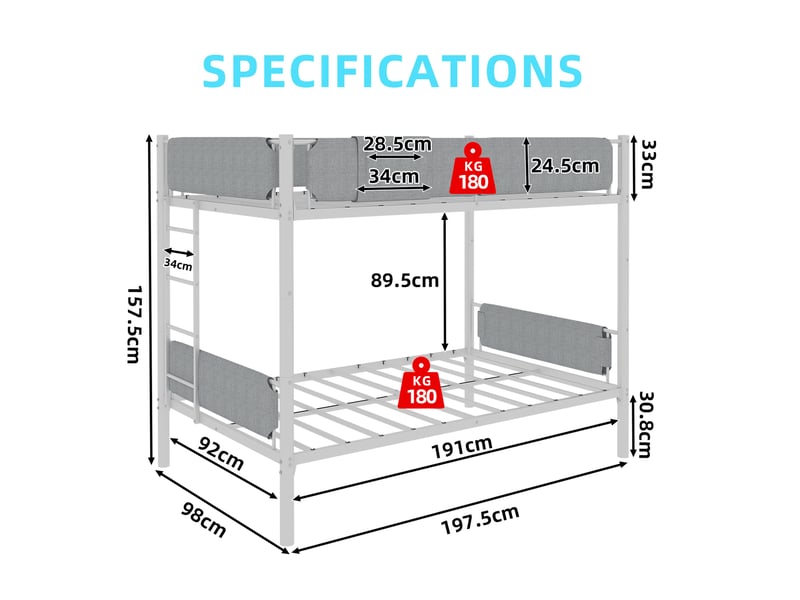  Lit superposé 90x190 cm en fer blanc, séparable en 2 lits avec barrières amovibles  - Conforama C