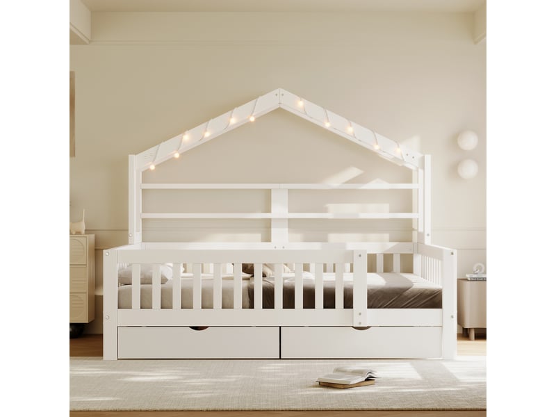 Lit cabane 140x200cm pour enfant avec toit, led, 2 tiroirs de rangement, barrières de sécurité, mdf et pin - blanc - Conforama D
