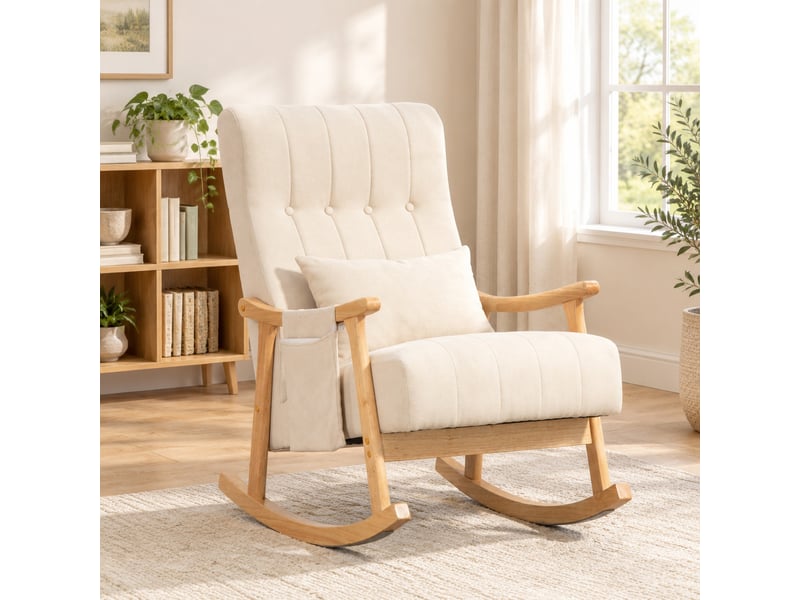  Rocking-chair rembourré avec coussin lombaire et poches latérales, structure en bois de hêtre, polyester beige  - Conforama C