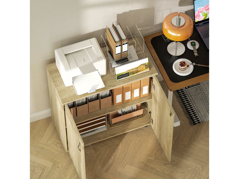  Armoire de bureau à 2 niveaux, meuble de rangement bureau avec 2 portes, serrures et clés, chêne, 80x40x80cm  - Conforama E