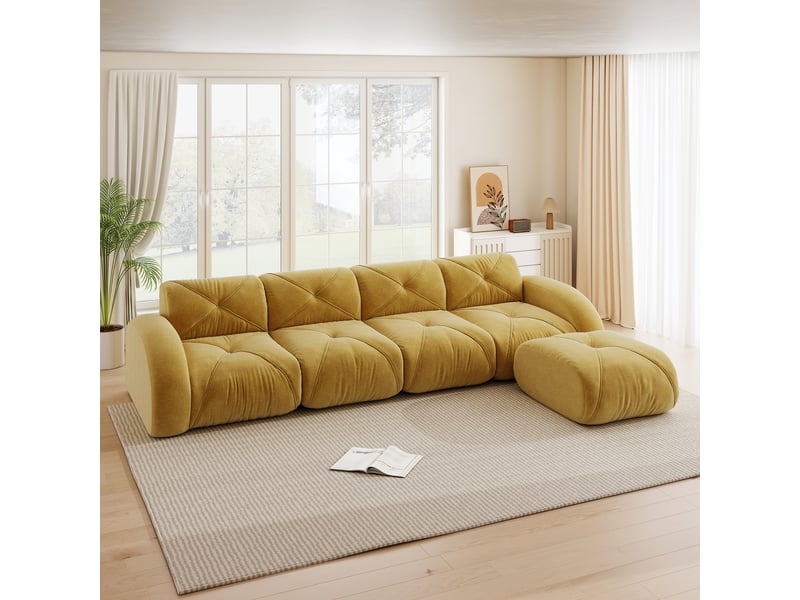 Canapé d'angle modulaire 4 places avec repose-pieds, assise en mousse dense et tissu chenille, jaune - Conforama B