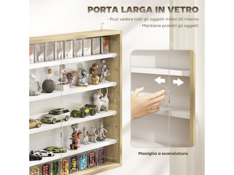 Tableau d'affichage en bois réglable à 4 niveaux avec portes vitrées, 80 x 9,5 x 60 cm, blanc et bois - Conforama E