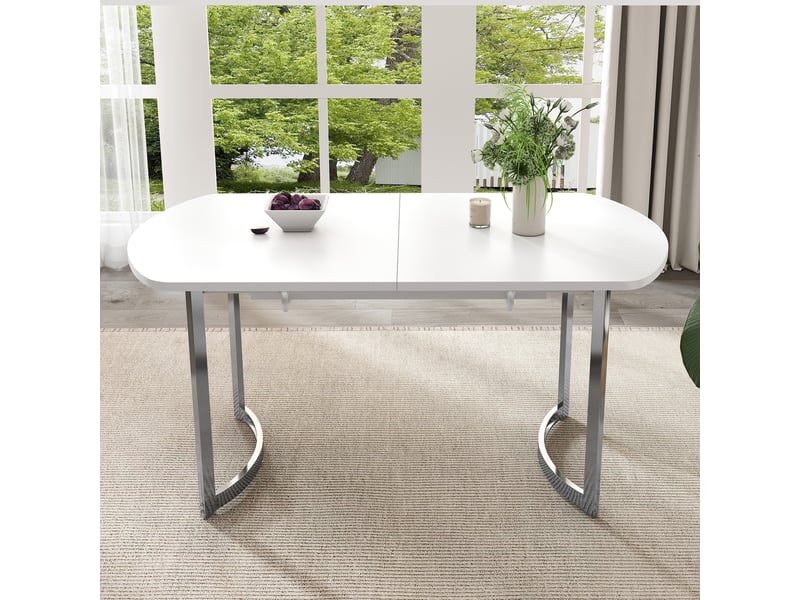  Table à manger extensible 140180 x 80 x 75 cm, 4 à 6 personnes, mdf blanc et pieds métal argentés Fay Lum - Conforama D