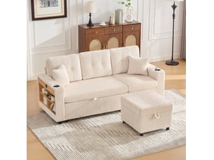 Canapé d'angle réversible convertible <strong>MAISENTIEL</strong> <strong></strong> 3 places Velours côtelé beige avec coffre de rangement
