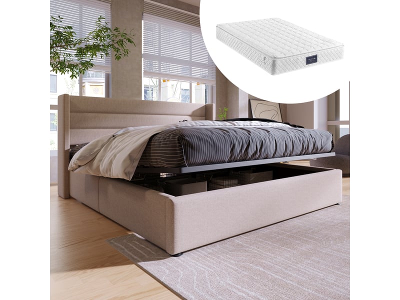  Lit coffre 160x200 cm - tissu lin beige, rangement hydraulique, cadre métallique, sommier à lattes et matelas inclus  - Conforama D