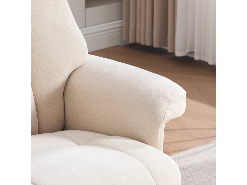  Fauteuil relax pivotant avec repose-pieds, tissu chenille beige, dossier inclinable à 145° pour salon et lecture  - Conforama E