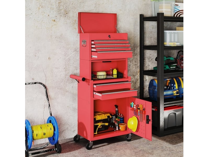  Armoire à outils mobile 60,5 x 33,5 x 131 cm rouge en acier, 6 tiroirs et 2 compartiments verrouillables  - Conforama B